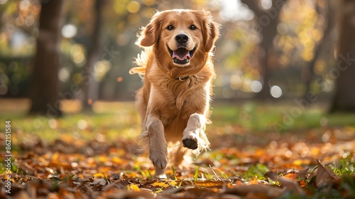 A happy golden retriever dog running in the park.