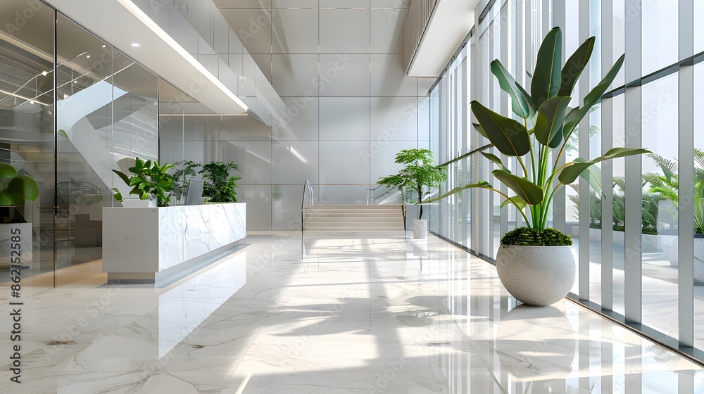 A modern office building lobby with large windows, white marble floors and a reception desk. A glass staircase is visible in the background. A modern office building lobby with large windows, white marble floors and a reception desk. A glass staircase is visible in the background.