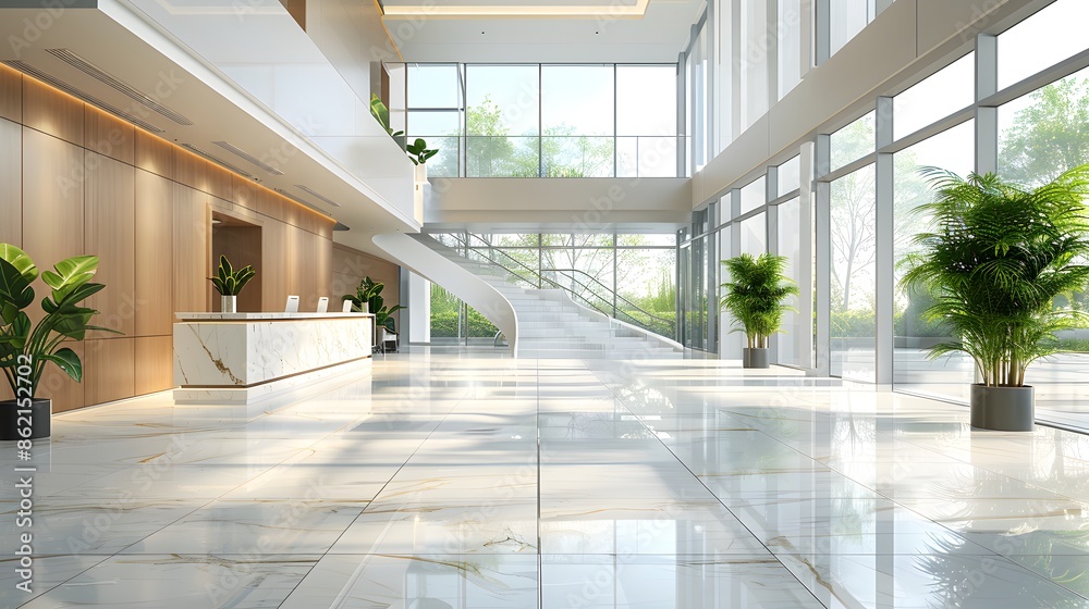 A modern office building lobby with large windows, white marble floors and a reception desk. A glass staircase is visible in the background.