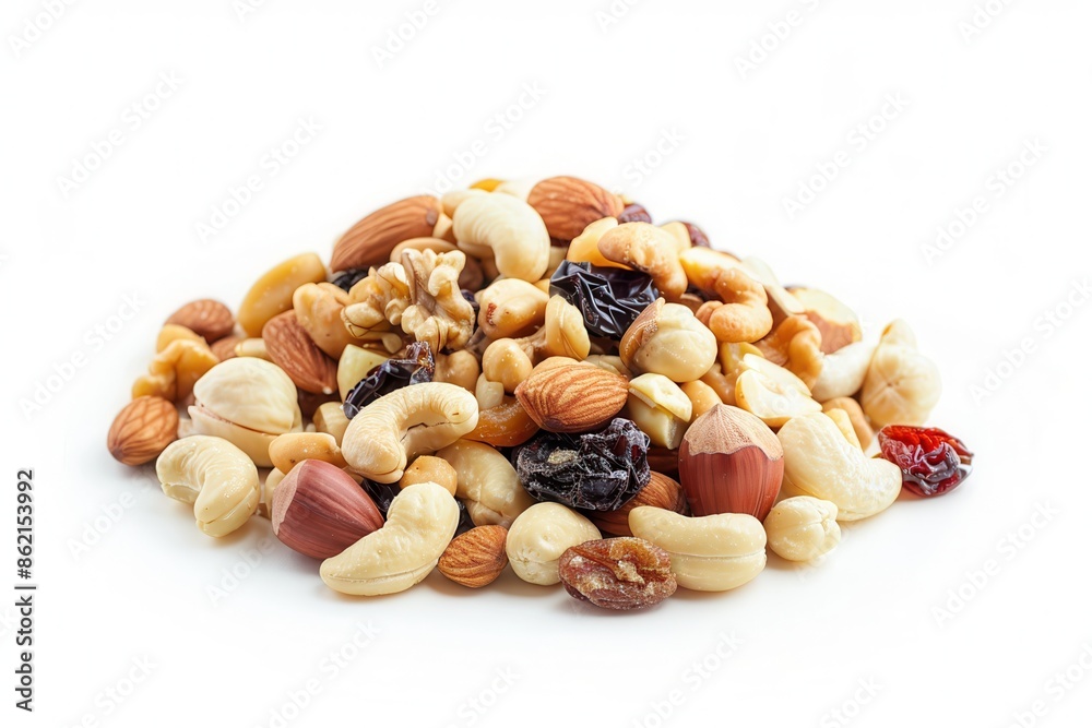 a mixed nuts trail mix, healthy snack, assorted nuts and dried fruits, isolated on white background a mixed nuts trail mix, healthy snack, assorted nuts and dried fruits, isolated on white background