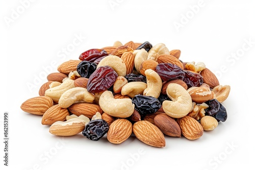 a mixed nuts trail mix, healthy snack, assorted nuts and dried fruits, isolated on white background