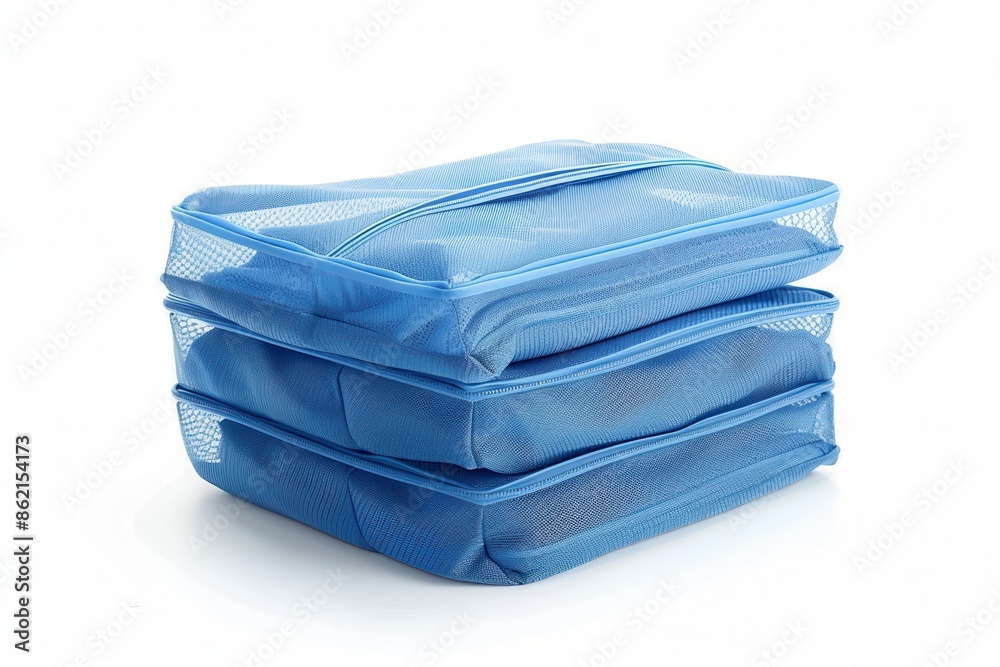 a packing cube set, essential travel organizer, mesh top, blue, isolated on white background a packing cube set, essential travel organizer, mesh top, blue, isolated on white background