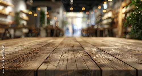 Wooden Tabletop in a Blurred Cafe Interior With String Lights