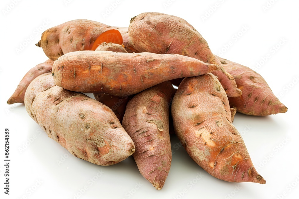 a pile of sweet potatoes, farm fresh produce, earthy brown skin, isolated on white background a pile of sweet potatoes, farm fresh produce, earthy brown skin, isolated on white background