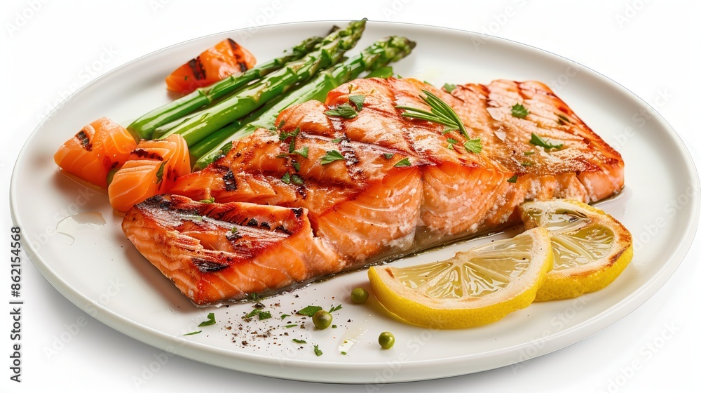 a plate of grilled salmon, healthy dinner, asparagus and lemon slices, isolated on white background a plate of grilled salmon, healthy dinner, asparagus and lemon slices, isolated on white background