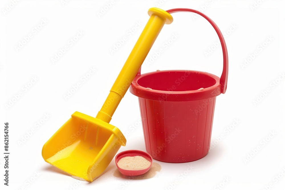 a sandcastle bucket and shovel set, essential beach toy, red and yellow, isolated on white background a sandcastle bucket and shovel set, essential beach toy, red and yellow, isolated on white background