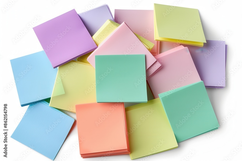 a set of colorful sticky notes, essential office supplies, pastel colors, isolated on white background