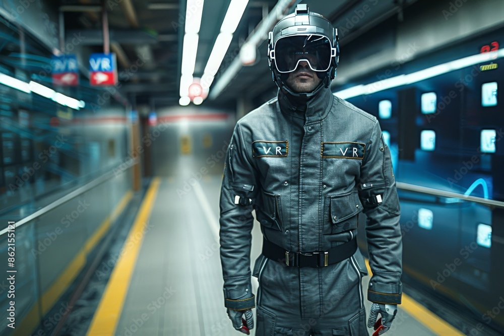 Man in futuristic attire using VR headset in a high tech environment, showcasing the innovative and immersive potential of virtual reality technology Man in futuristic attire using VR headset in a high tech environment, showcasing the innovative and immersive potential of virtual reality technology