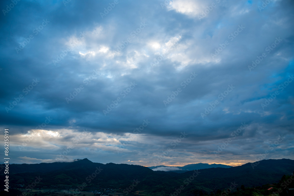 Fototapeta premium Scenic view dramatic beautiful sunset sky. Natural Sunset Sunrise on meadow silhouette shadow dark land. Vibrant dramatic sky on sunset, dawn, sunrise in Countryside. Landscape Colorful Sky At Sunset