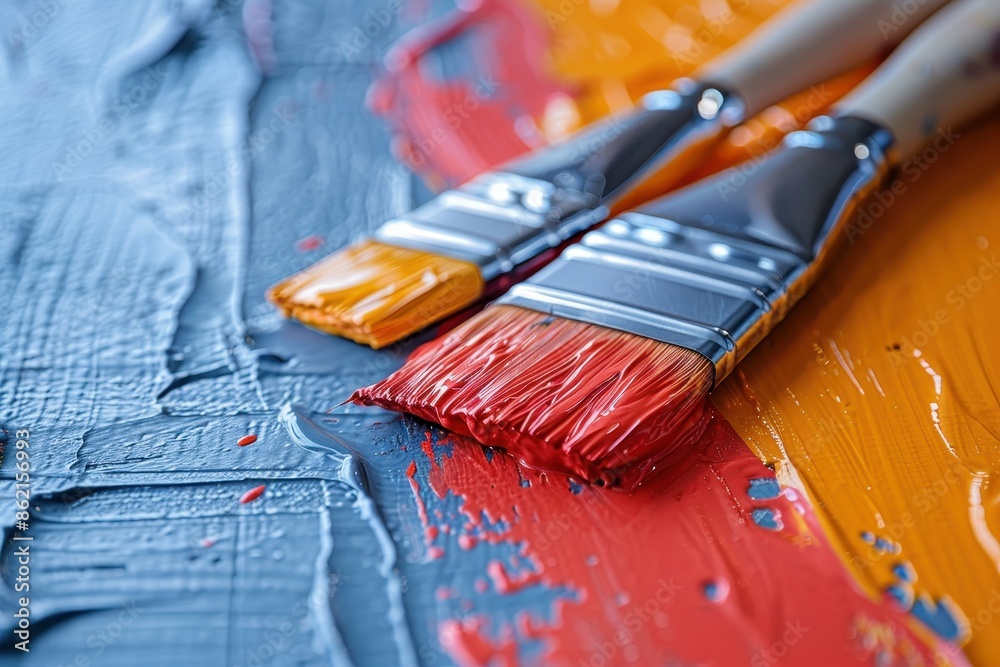 An image featuring two brushes covered in red and orange paint on a canvas with blue strokes, illustrating the combination of vivid colors and textured artistic elements. An image featuring two brushes covered in red and orange paint on a canvas with blue strokes, illustrating the combination of vivid colors and textured artistic elements.