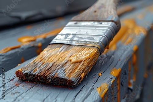 A close-up shot of a paintbrush drenched in vibrant yellow paint, resting on a heavily textured wooden surface, capturing the essence of artistic creation.