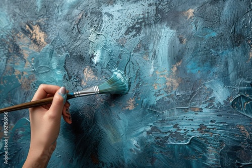 A close-up image showcasing a person using a paintbrush to apply blue paint to a textured wall in an abstract manner, highlighting the brush strokes and artistic expression.