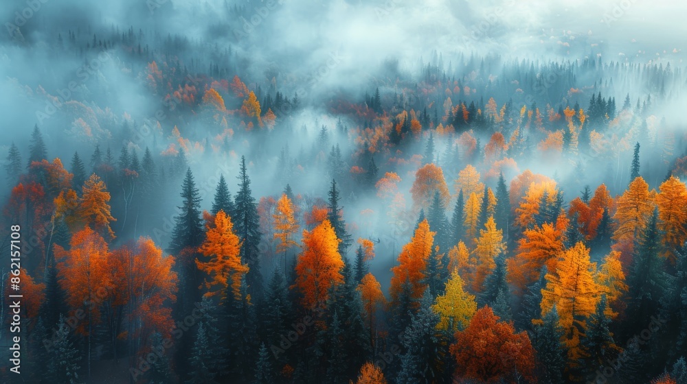 Misty autumn forest with vibrant foliage, panoramic view. Nature and landscape photography concept Misty autumn forest with vibrant foliage, panoramic view. Nature and landscape photography concept