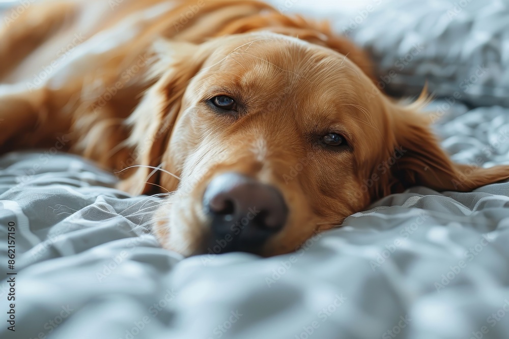 A peaceful golden retriever lies cozily on a bed, gazing calmly ahead, providing a sense of warmth and relaxation in a homely setting filled with sunlight. A peaceful golden retriever lies cozily on a bed, gazing calmly ahead, providing a sense of warmth and relaxation in a homely setting filled with sunlight.