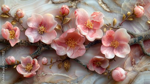 panel wall art, wall decoration, marble background with flowers designs