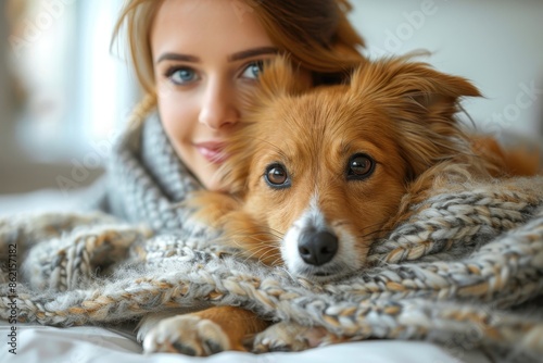 A close-up image shows a woman and her dog snuggling under a knitted blanket indoors, reflecting warmth, affection, and the bond between a pet and its owner. © LifeMedia