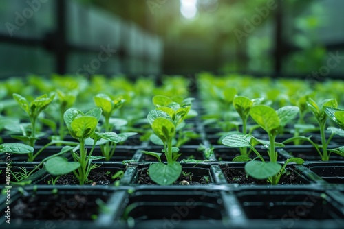 Rows of small green plants thriving inside seedling containers within a greenhouse, receiving controlled care and attention for optimal growth and development in a secure environment. © LifeMedia