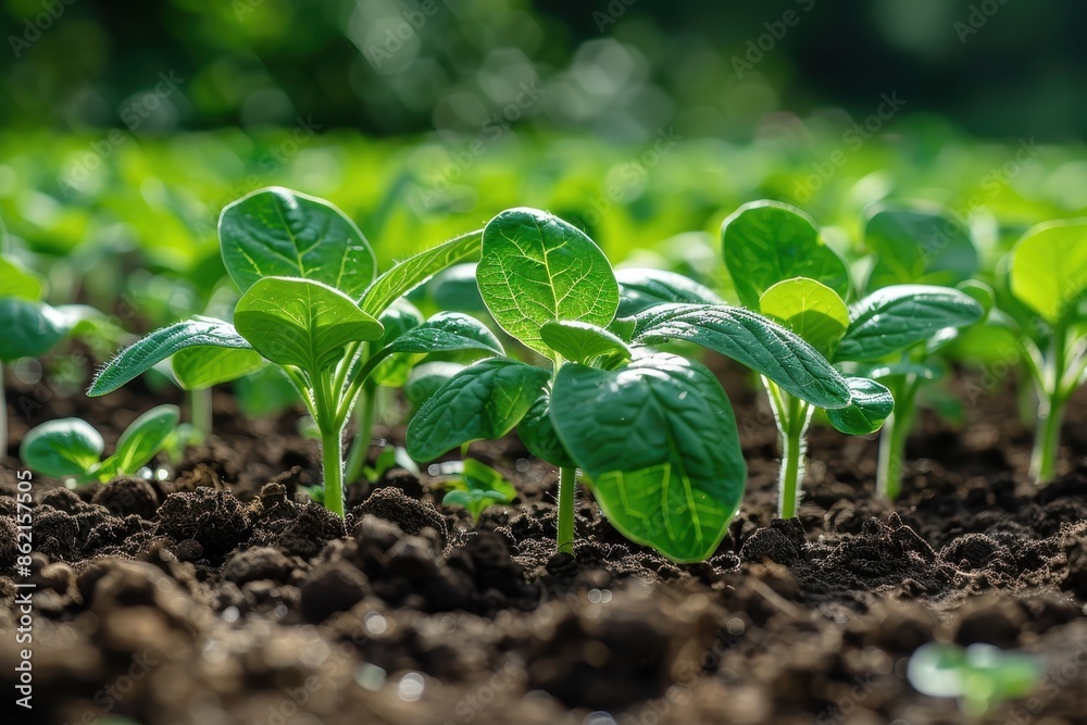 A detailed close-up view of green seedlings emerging from fertile soil, bathed in sunlight, highlighting the beginning stages of plant growth and agricultural life. A detailed close-up view of green seedlings emerging from fertile soil, bathed in sunlight, highlighting the beginning stages of plant growth and agricultural life.