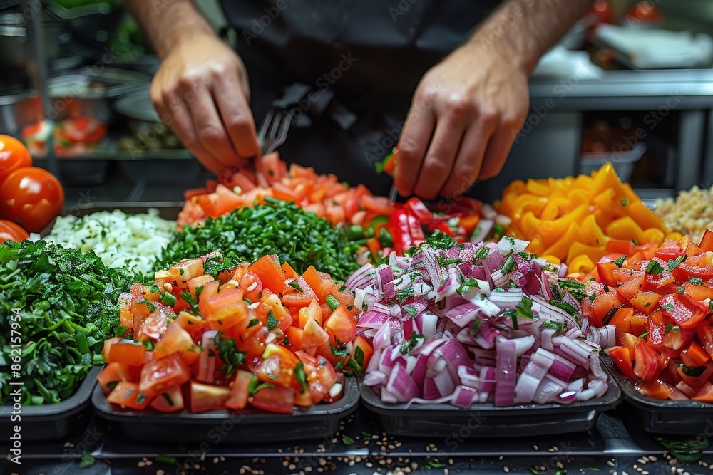 Obraz premium Hands meticulously organizing an array of chopped vegetables, including tomatoes, red onions, bell peppers, and greens, displaying culinary skill and vibrant healthy ingredients.