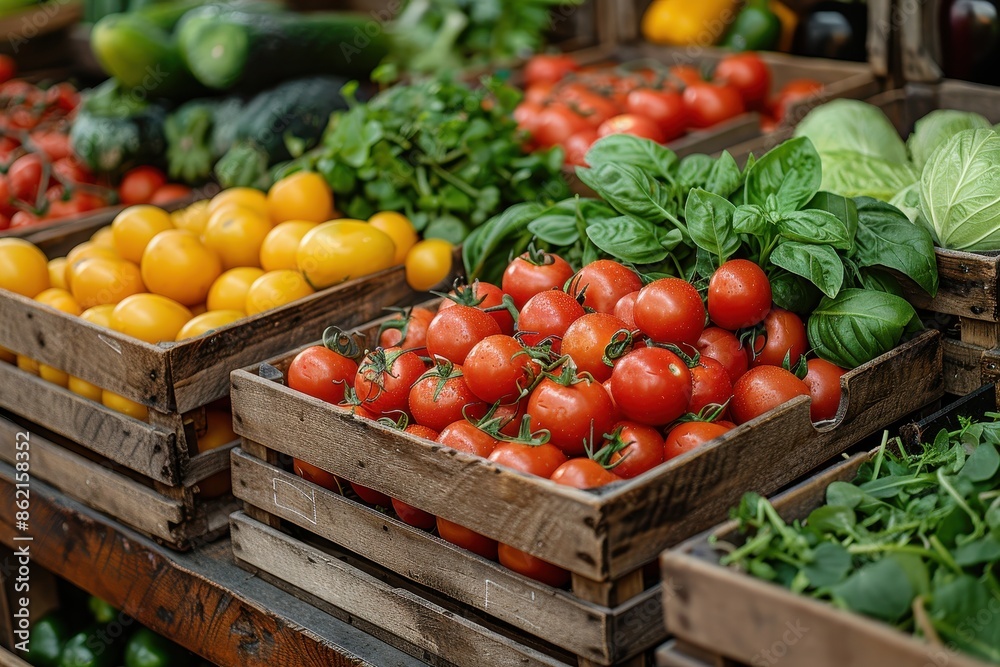 Wooden crates filled with fresh tomatoes and various vegetables arranged neatly on a market stand, highlighting the freshness, vibrant colors, and variety of produce on offer. Wooden crates filled with fresh tomatoes and various vegetables arranged neatly on a market stand, highlighting the freshness, vibrant colors, and variety of produce on offer.