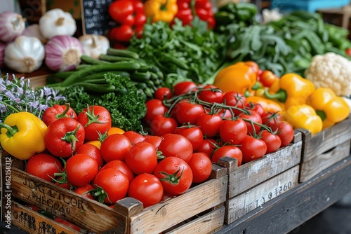 A market stand displaying a rustic arrangement of fresh vegetables including tomatoes, peppers, and greens, showcasing the freshness and abundance of organic produce available. © LifeMedia