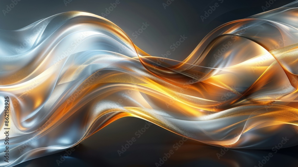 Fluid waves of metallic silver and warm golden hues intertwine in an ...