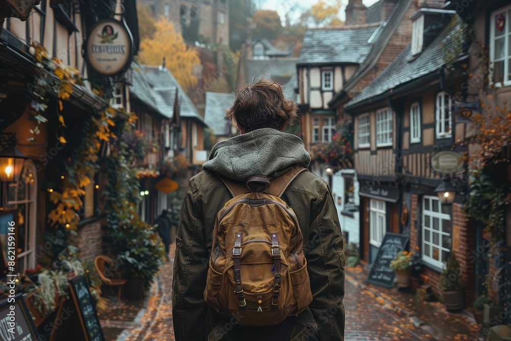A traveler with a backpack walks through a charming village adorned with autumn decor and illuminated signs, highlighting an exploration in a picturesque and serene environment. A traveler with a backpack walks through a charming village adorned with autumn decor and illuminated signs, highlighting an exploration in a picturesque and serene environment.