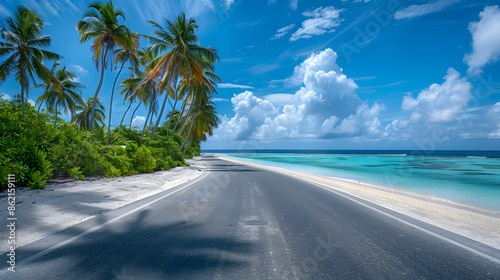 A coastal road with palm trees on the left and white sandy beach to the right, blue sky with clouds in background, Maldives style. photo