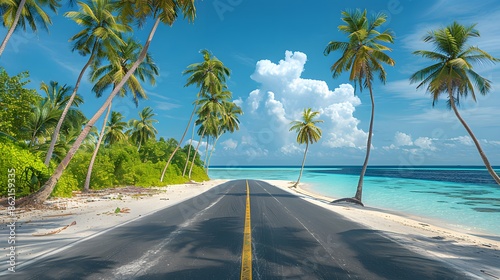 A coastal road with palm trees on the left and white sandy beach to the right, blue sky with clouds in background, Maldives style.