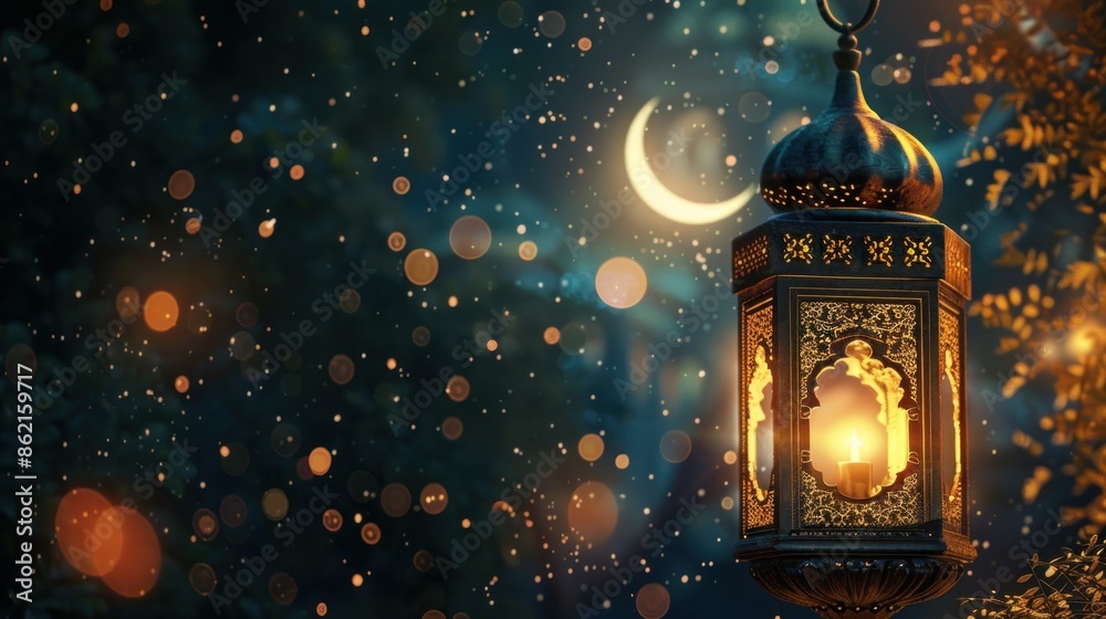 Ornate Lantern with Candlelight and Crescent Moon Ornate Lantern with Candlelight and Crescent Moon