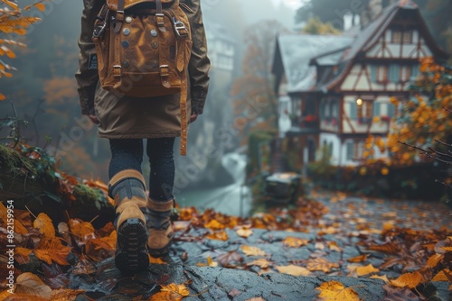 A person with a brown backpack hikes through a misty forest path lined with autumn leaves and quaint houses, presenting a dreamy and picturesque autumn adventure.