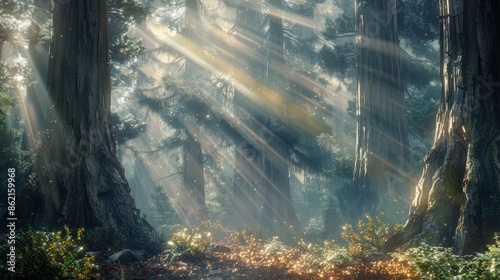 Forest with sun rays penetrating through trees, natural light, tranquility concept