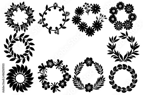 generate a Set of 20-silhouettee icons Wreath Floral 