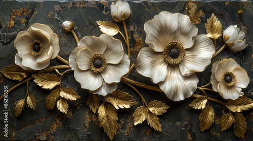 panel wall art, wall decoration, marble background with flowers designs