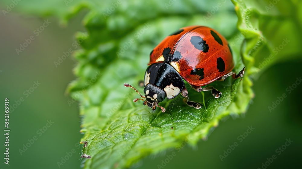 Small red-orange ladybug on a green leaf Small red-orange ladybug on a green leaf