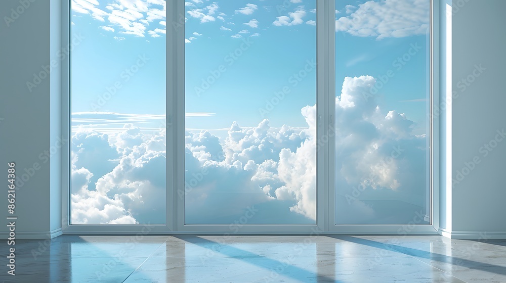 White plastic window with sky view, illustration of isolated white window frame on wall with blue cloudy sky background, panoramic modern windows, exterior and interior design concept.