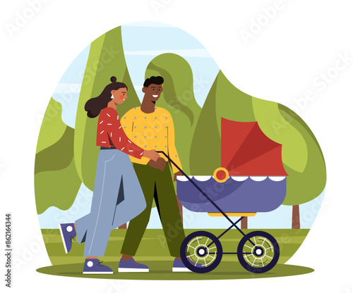 Parents with baby stroller. Father and mother walk in city park with toddler. Family spoending time together outdoors. Parenthood and childhood. Couple with baby. Cartoon flat vector illustration