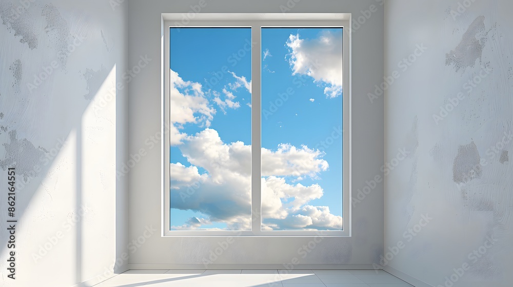 White plastic window with sky view, illustration of isolated white window frame on wall with blue cloudy sky background, panoramic modern windows, exterior and interior design concept. White plastic window with sky view, illustration of isolated white window frame on wall with blue cloudy sky background, panoramic modern windows, exterior and interior design concept.