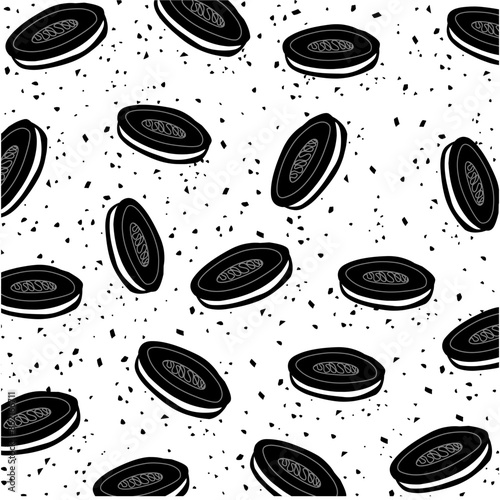 Black sandwich biscuit with the crumbs on white background