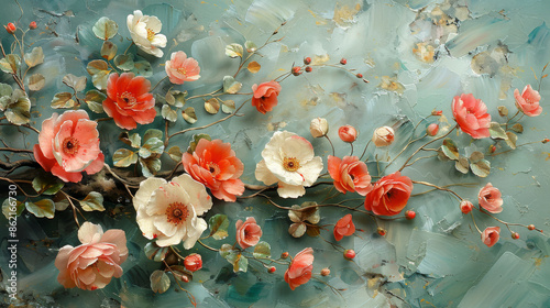 panel wall art, wall decoration, marble background with flowers designs