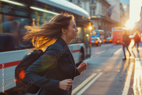 Woman running to catch a bus in the city during sunset