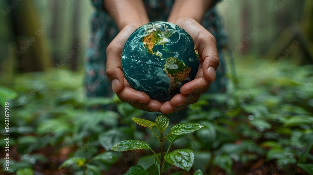 Hands embracing a miniature green Earth, symbolizing commitment to nature protection and sustainability Hands embracing a miniature green Earth, symbolizing commitment to nature protection and sustainability