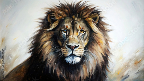 Close-up portrait art of a majestic lion with a flowing mane photo