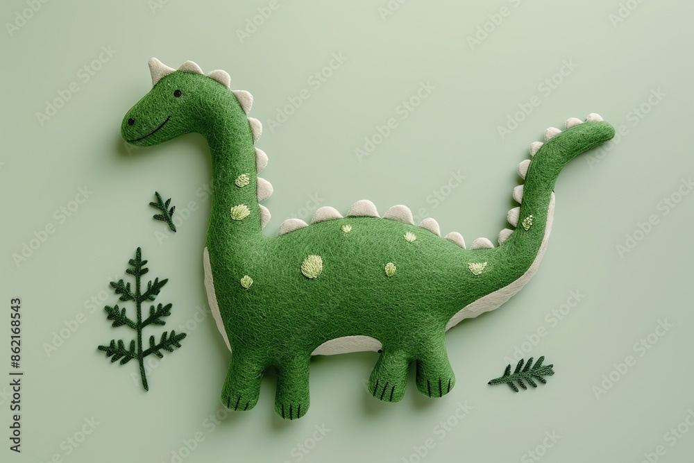 Fototapeta premium cute embroidered dinosaurus Diplodocus, 3d illustration, pattern, frame, funny, handmade, jurassic, lizard, monster,