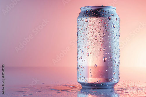 A  soda can mockup, isolated gradient background with a hint of bubbles or fizziness in the air, minimalist, diffused lighting enhances the look of the can, pastel color tone... photo