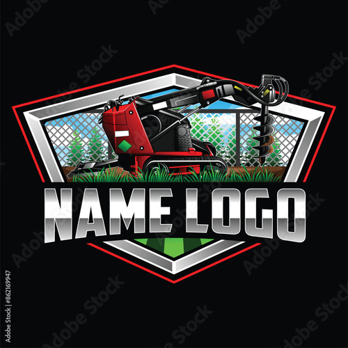 Mini excavator drill and pine trees logo. Skid steer drilling logo. Fence logo design. Landscaping wooden fence logo.  drilling with Fence logo design