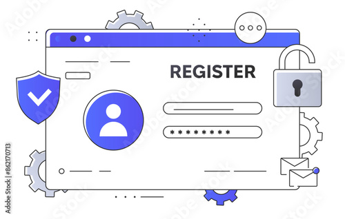 Registration at website concept. Entering login and password at webpage. Enter to profile or account at social networks and messengers. Linear flat vector illustration isolated on white background