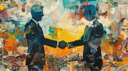 Making a deal between two partners, art collage. Business concep photo