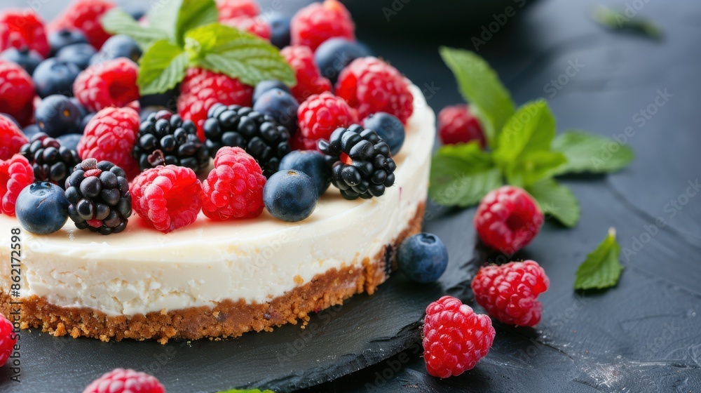 Cheesecake topped with a bounty of fresh berries and mint leaves