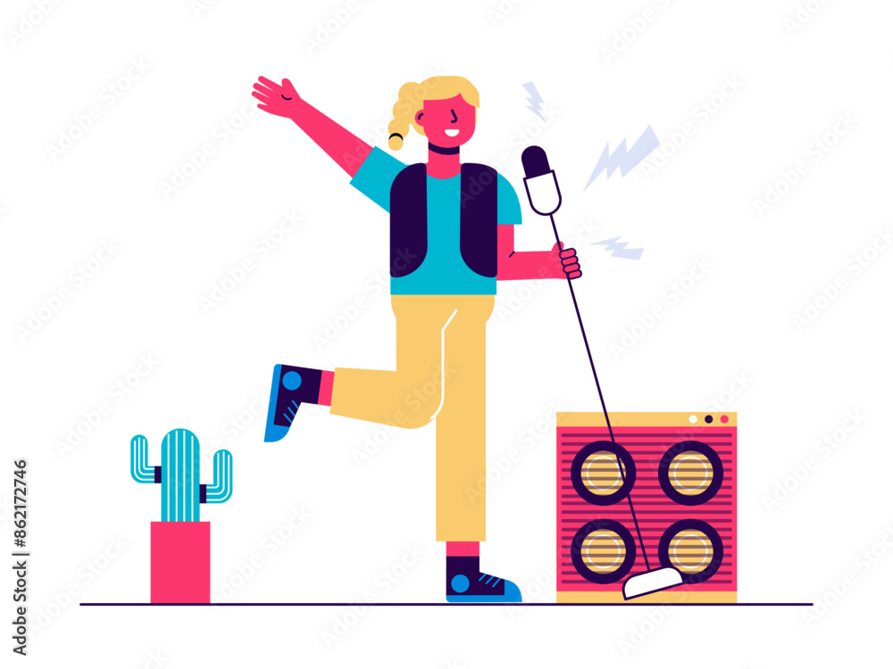 Young woman singing into a microphone. Art studio vector illustration Young woman singing into a microphone. Art studio vector illustration